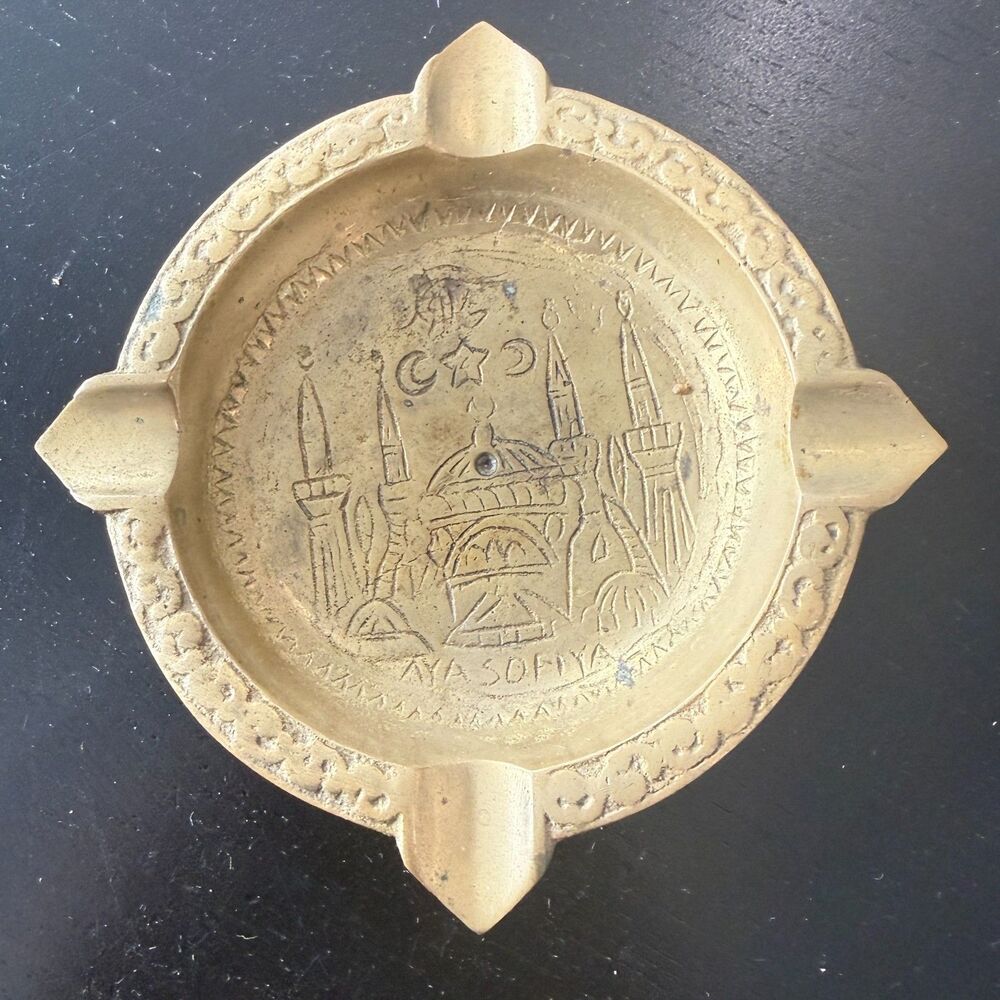 Rare 1970s Aya Sofya Mosque Hand Etched Brass Ashtray Dish Istanbul Turkey